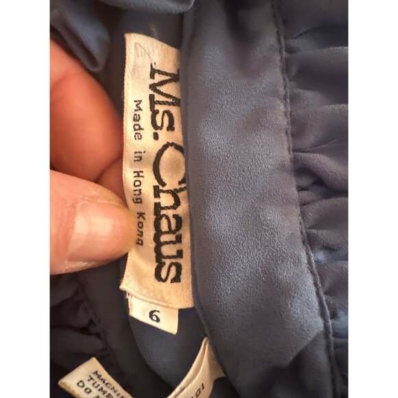 Vintage Ms. Chaus Blue Long-Sleeve Dress Ruffle Collar & Button Details Size 6 - Picture 4 of 5